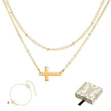 Imagem de HUGLINK Colar com cruz para mulheres, banhado a ouro real 14 K, pingente pequeno, fofo, simples, pequeno, moderno, cesta de Páscoa, joia religiosa, presente para mãe e esposa (conjunto de colar e