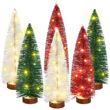 Imagem de Retisee 6 peças de madeira decoração de árvore de Natal luz de mesa operada por bateria ornamentos de decoração de Natal artificial árvore em miniatura para escritório doméstico desktop decoração de férias de inverno lembrancinhas de festa de natal