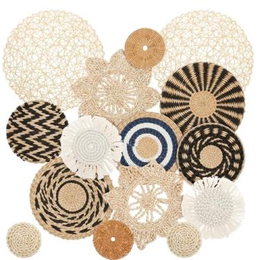 Imagem de Cesto de parede boêmio, decoração de parede de cesta de tecido pendurada artesanal, cestas redondas de vime de erva marinha para casa de fazenda, salas de estar, quartos, decoração de sala de aula