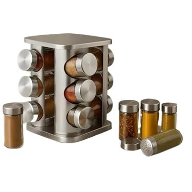 Imagem de Porta Tempero 16 Potes de Condimentos 80ML Para Cozinha Base de Madeira Organização Rápida Inox(12 Potes Giratório Inox)