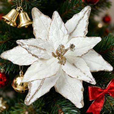 Imagem de GL-Turelifes 30 cm Grande Glitter Flor de Natal 6 Peças de Veludo Artificial Poinsettia Flores Ornamentos Glitter Árvore de Natal Flores Grande Guirlanda de Árvore de Natal Decorações de Ano Novo