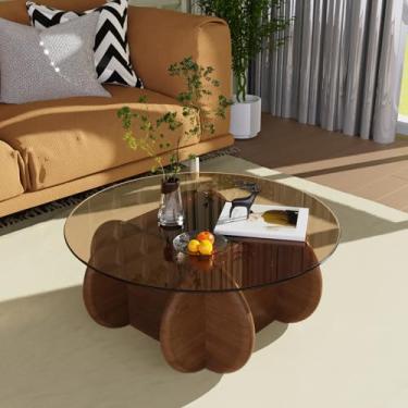Imagem de Mesa de centro redonda com tampo de vidro 80 cm modernas e elegantes mesas de centro redondas com pernas de madeira maciça e mesa de vidro temperado para sala de estar, casa, recepção de espaço
