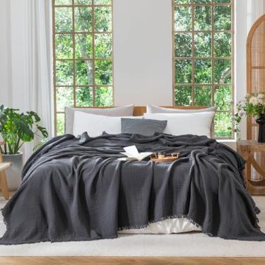Imagem de MooMee Cobertor de musselina - Cobertor de gaze de 4 camadas 100% algodão com franjas em toda a volta, ultra-macio, respirável, leve, refrescante decorativo para cama, sofá e sofá (cinza escuro, King