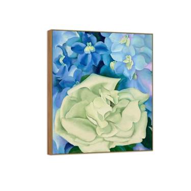 Imagem de BMZFYBS Georgia O'Keeffe famosa arte de parede impressões em tela pronto para pendurar - rosa branca com larkspur - pintura de moldura de madeira para decoração de sala de estar 30 x 35 cm 12 x 13 pol