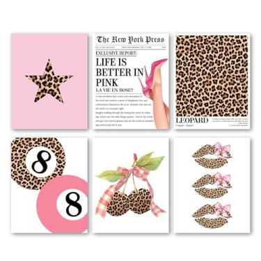 Imagem de Bgohrd Conjunto de pôsteres rosa rosa leopardo beijo lábios 8 bolas cereja impressão de arte de parede para decoração de sala de estar, pôster de pintura moderna feminino para quarto de dormitório de
