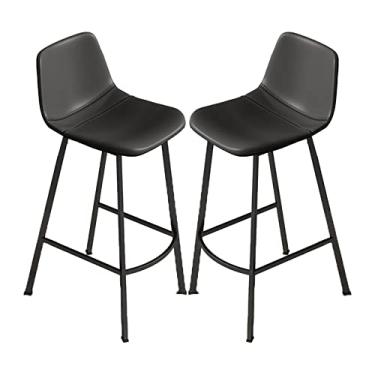 Imagem de Banquetas de bar de metal, conjunto de 2 banquetas de metal preto com altura para balcão de couro PU, cadeiras de ilha de cozinha, bancos de bar industriais, pub com encosto e apoio para os pés