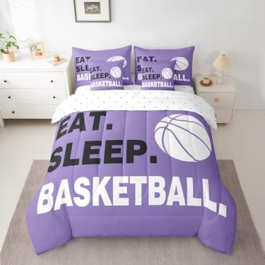 Imagem de Feelyou Jogo de cama solteiro com edredom de basquete, roxo, 7 peças, para crianças, meninos, meninas, adolescentes, jogos de bola, presente para amantes de basquete