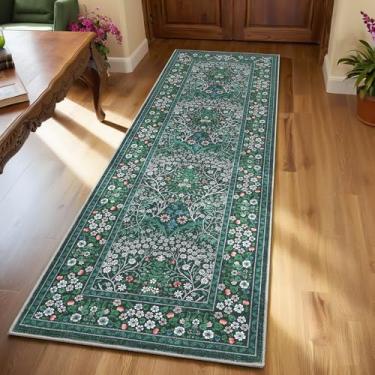 Imagem de GarveeHome Tapete floral 2x6 Runner antiderrapante boho lavável tapete de banheiro, macio pequeno tapete de porta interior tapetes botânicos para cozinha corredor, verde escuro