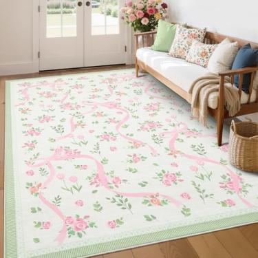 Imagem de GarveeHome Tapetes Coquette rosa e verde para quarto de meninas, 15 x 23 cm para sala de estar com pelo baixo macio, tapete lavável com laço floral antiderrapante, 15 x 23 cm para berçário, sala de