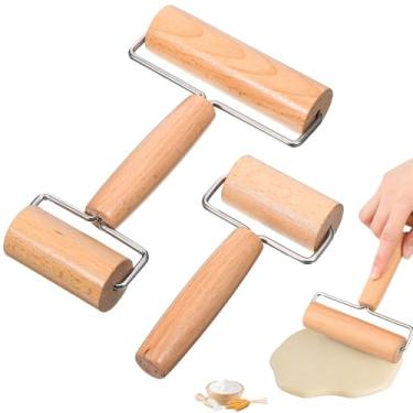 Imagem de YBEATY Conjunto de 2 rolos de madeira antiaderentes para assar massa de pizza em forma de T para tortilla, bolinho de massa de biscoito, casa, cozinha, cozinhar (cabeça dupla + uma cabeça pequena)