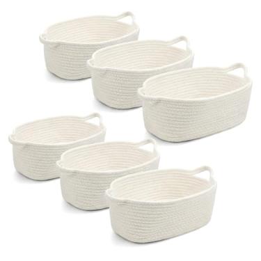 Imagem de Cesta pequena de tecido branco com sacos de presente e fitas de 30,5 x 20,3 x 12,7 cm, cesta de presente vazia, oval de algodão com alças, cestas decorativas para cães e gatos para berçário, quarto