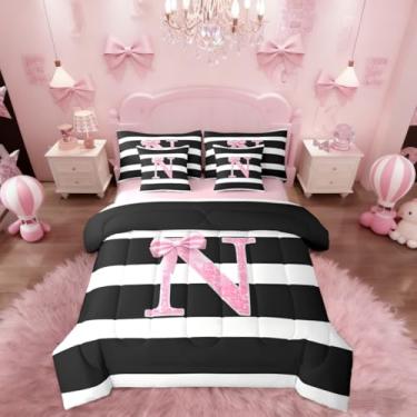 Imagem de Erosebridal Conjunto de cama casal com letra N com laço rosa, 7 peças, para crianças, adolescentes e mulheres, conjunto de edredom com laço, listras pretas e brancas