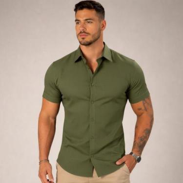 Imagem de Camisa Social Masculina Manga Curto Lisa Slim - Volgue, Verde militar,