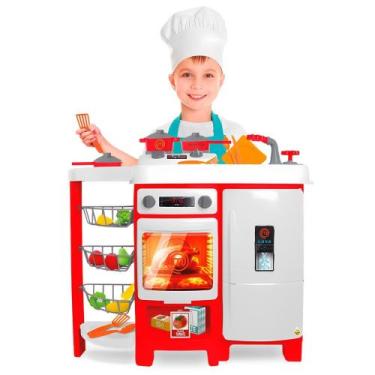 Imagem de Cozinha Master Chef Banca Infantil Avental Fogão Acessórios Geladeira 