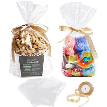 Imagem de Giftvest 8 "X 11" - 50 Unidades De Sacos De Celofane Transparentes De Fundo Plano Com Fita De Cetim Dourada | Sacos De Guloseimas Para Embrulho De Presentes, Sobremesas, Doces, Biscoitos, Lembrancinha