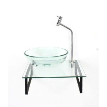 Imagem de Kit Cuba de Vidro Redonda 1cm Tampo 40cm com Suporte Torneira Valvula Incolor