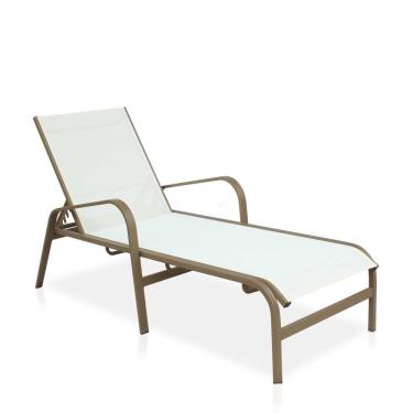 Imagem de Espreguiçadeira Para Piscina, área Externa, Jardim, Em Alumínio - Marrom E Tela Sling Branco