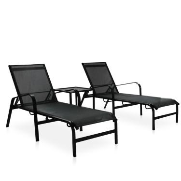 Imagem de Kit 2 Espreguiçadeiras De Alumínio Em Tela Sling + 1 Mesinha Lateral área Externa Hotel - Preto