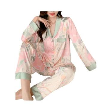 Imagem de Conjunto de Pijamas de Seda Gelada Feminino - Cardigan com Estampa Doc