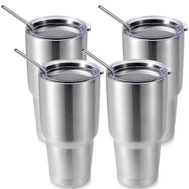 Imagem de Volhoply Caneca isolante de 900 ml com tampa e canudo pacote com 4, canecas de café de viagem de parede dupla para bebidas quentes/frias, cabe no porta-copos de carro, sem BPA (prata, 4