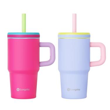 Imagem de Luxgola Copo infantil de 590 ml com alça, tampa rosqueada à prova de vazamento com canudo de silicone removível, à prova de derramamento, garrafa de água isolada de aço inoxidável, presente para