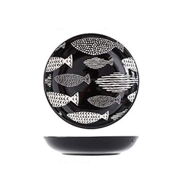 Imagem de Prato de serviço pratos redondos de sobremesa para salada de macarrão, preto sortido motivo prato de aperitivo, prato de jantar de cerâmica de 20 cm, seguro para micro-ondas. Pratos (Cor: B, Tamanho