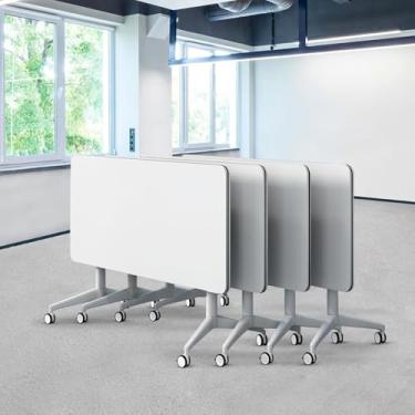 Imagem de ZDJZMGZ Mesa de conferência dobrável, mesas brancas de sala de conferência com rodas, mesa de seminário retangular grande dobrável para 2 10 pessoas (4,47 cm)