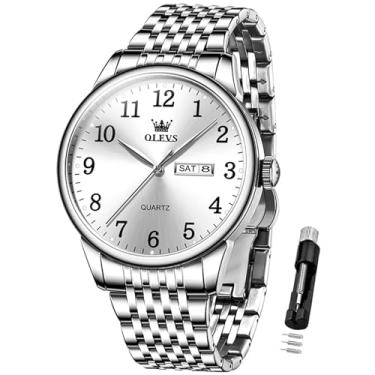 Imagem de OLEVS Relógios masculinos prateados, clássicos, luxuosos, à prova d'água, analógico, quartzo, aço inoxidável, relógio de pulso casual, mostrador grande, com data de dia, relógios para hombres, Prata