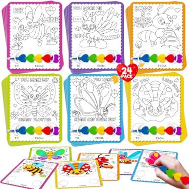 Imagem de Cartões de Dia dos Namorados para crianças escolares, 24 giz de cera de coração empilháveis com 24 cartões de troca de colorir para crianças para sala de aula, prêmios, lembrancinhas de festa dos