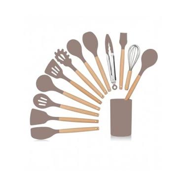 Imagem de Kit de Utensílios de Cozinha Premium 12 Peças – Silicone Resistente e Madeira Natural – Suporte Organizador, Antiaderente, Alta Temperatura (230 °C) (Bege)