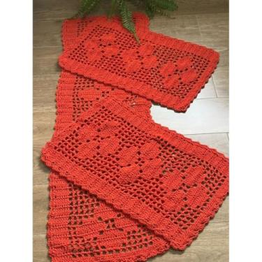 Imagem de passadeira Tapete com padrão tecido Jogo Tapete Passadeira 03 Peças para Cozinha，Estilo natural Antiderrapante e durável(LARANJA-LISA)