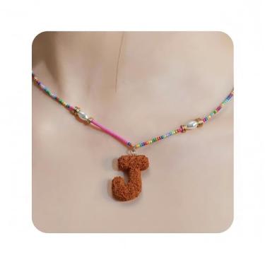 Imagem de ZShireeyBlackey Colar de contas coloridas com inicial para mulheres, colar de letras de bolhas personalizado com miçangas para meninas, gargantilhas boêmias, joias e presentes, Resina, Sem Pedra