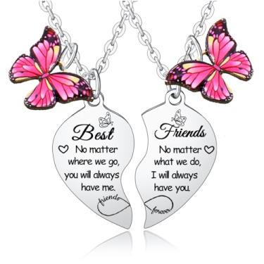 Imagem de 2 colares de coração combinando para melhor amiga, presente de amizade, presente para melhores amigas, irmãs, pingente de borboleta, presente de Natal, aniversário, formatura, presente de