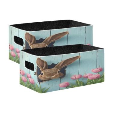 Imagem de xigua Conjunto de 2 caixas de armazenamento fofas de coelhinho marrom, cubo de armazenamento dobrável, organizador de cestas de armazenamento para livros, prateleiras, armário, lavanderia, berçário