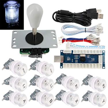 Imagem de SJ@JX Kit de botões de Arcade Game Stick DIY com logotipo LED Joystick de 8 vias, codificador USB, controlador para PC MAME Raspberry Pi branco