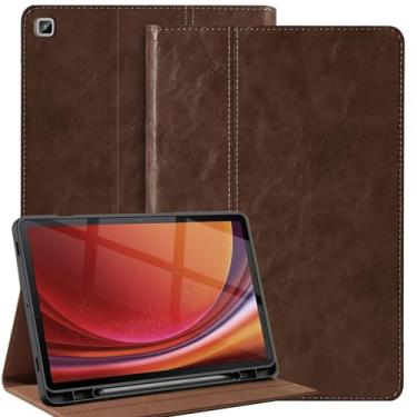 Imagem de Gexmil Capa de couro genuíno para Samsung Galaxy Tab S6 Lite de 10,4 polegadas com suporte para lápis, capa protetora à prova de choque ajustável inteligente premium flip para tablet, marrom escuro