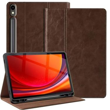 Imagem de Gexmil Capa de couro genuíno para Samsung Galaxy Tab S8/S7 de 11 polegadas com suporte para lápis, capa protetora à prova de choque ajustável Smart Premium Folio Flip Tablet, marrom escuro