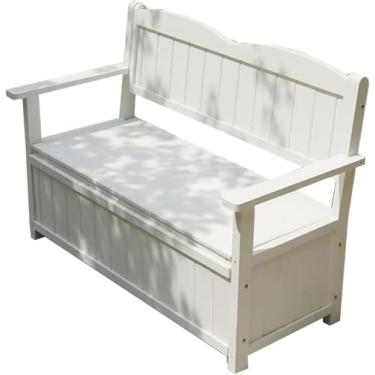 Imagem de Banco ao ar livre com armazenamento, banco de pátio com caixa de madeira com encosto, banco de jardim com recipiente de 2 lugares perfeito para ferramentas de jardim e brinquedos de piscina,