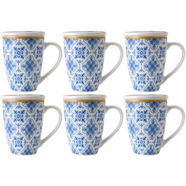 Imagem de Conjunto 6 Canecas de Porcelana para Chá 310ml com Tampa e Filtro Inox