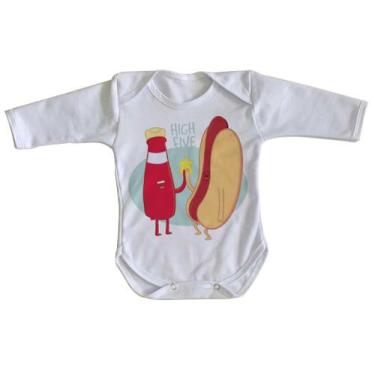 Imagem de body nenê criança roupa bebê manga longa Salsicha hot dog high five  -