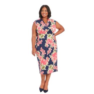 Imagem de London Times Vestido feminino midi franzido com decote em V e ombro externo, Azul marinho/framboesa, 58