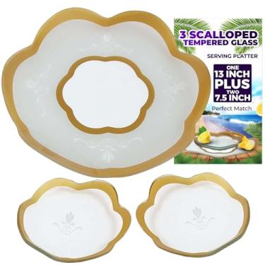 Imagem de GAC Conjunto de 3 pratos de vidro temperado recortados e pratos de sobremesa – 1 bandeja grande de servir 33 x 33 cm + 2 pratos elegantes de 19 cm – durável, resistente a lascas, seguro para