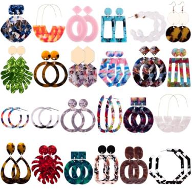 Imagem de Duufin 24 pares de brincos de acrílico com pingente de resina brincos de argola estilo boêmio poligonal para mulheres, Acrílico, resina, liga metálica