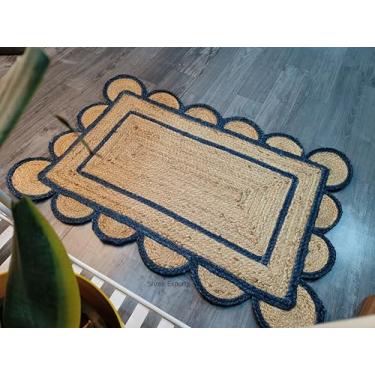 Imagem de Shree Exports Tapete de área de juta natural recortado feito à mão, acabamento azul marinho com base natural, 2 x 90 cm