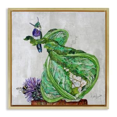 Imagem de Stupell Industries Design de arte de parede em tela flutuante dourada beija-flor em couve-flor por Lisa Morales, 63 x 63 cm