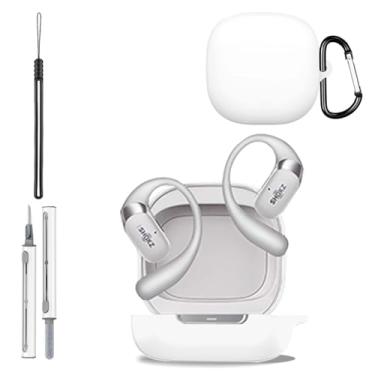 Imagem de Capa para SHOKZ OpenFit 2+, capa protetora de silicone para SHOKZ OpenFit 2+, capa à prova de choque de corpo inteiro com proteção contra arranhões, com chaveiro, cordão e kit de limpeza, branca