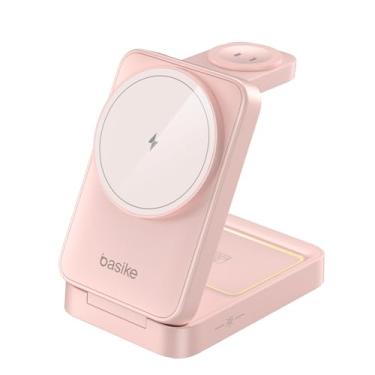 Imagem de Basike Carregador Sem Fio 3 em 1 Magnético 2025, Estação de Carregamento Portátil com Luz Noturna, Dobrável e Compatível com MagSafe, iPhone 16/15/14/13/12, Apple Watch e AirPod (Ouro rosa)