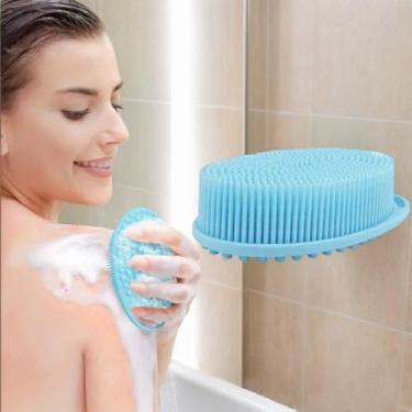 Imagem de Esfregão de chuveiro de silicone macio com gancho de pendurar, escova corporal para banho, esfoliante, ferramenta de lavagem corporal para remoção de pele morta e armazenamento de banho