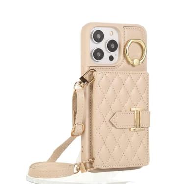 Imagem de Capa de telefone carteira crossbody para iPhone 13 12 11 Pro Max 15 14 7 8 Plus XR X XS com compartimento para cartão capa de couro treliça, bege, para iPhone 14Pro Max