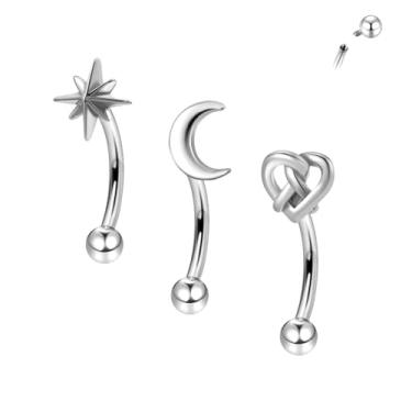 Imagem de ALACLO 3 anéis de sobrancelha, brincos de torre rosqueados de 16 g, joias para mulheres e homens, aço inoxidável 316L, labret, halteres, 6 mm, prata